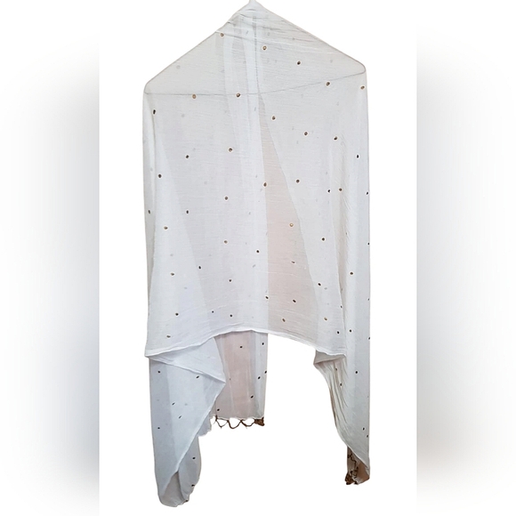 Gorgeous Gold Polka Dot Beaded Fringe White Translucent Scarf - Picture 2 of 2